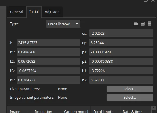 Metashape calibration parameters screenshot